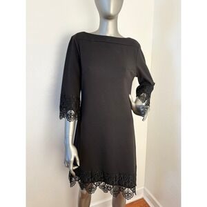ECI Ponte Sheath Dress Black Lace Crochet 3/4 Sleeve 10